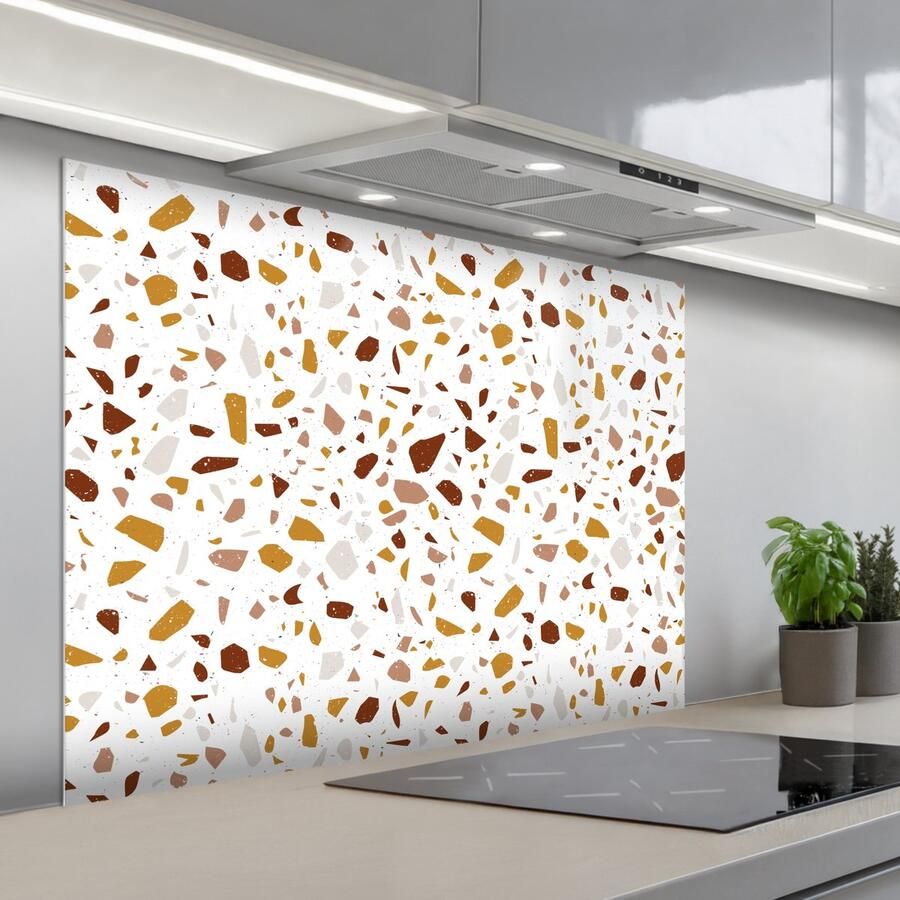 KitchenYeah Spatscherm 100x75 cm Zelfklevende achterwand Terrazzo Patroon Wit Urban Keuken muurbeschermer Spatwand fornuis