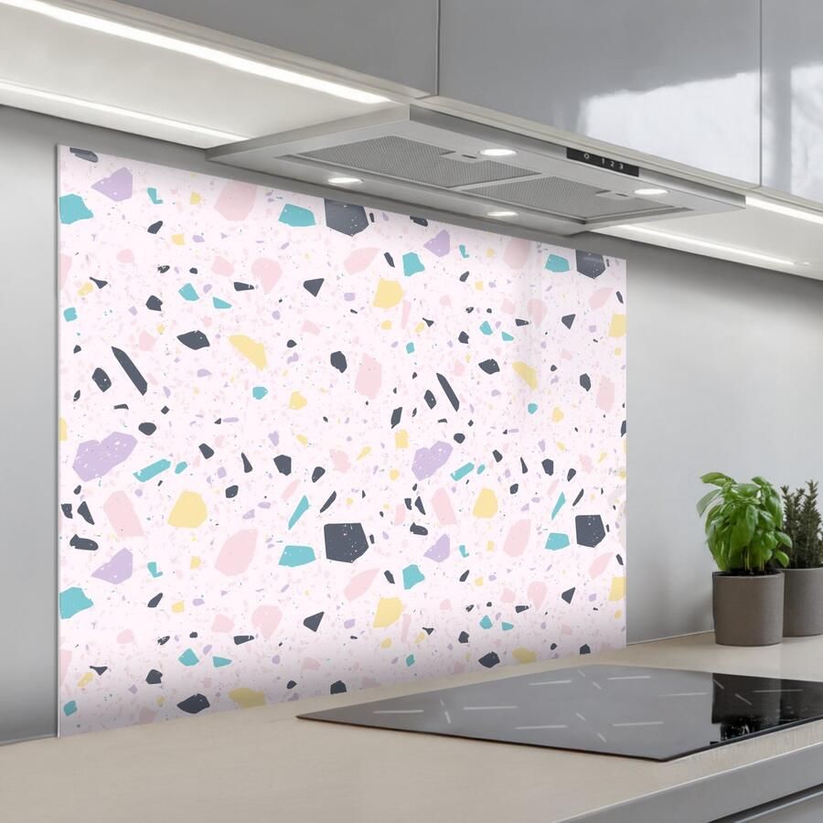 KitchenYeah Spatscherm 100x75 cm Zelfklevende achterwand Terrazzo Patroon Zacht Snoep Keuken muurbeschermer Spatwand fornuis
