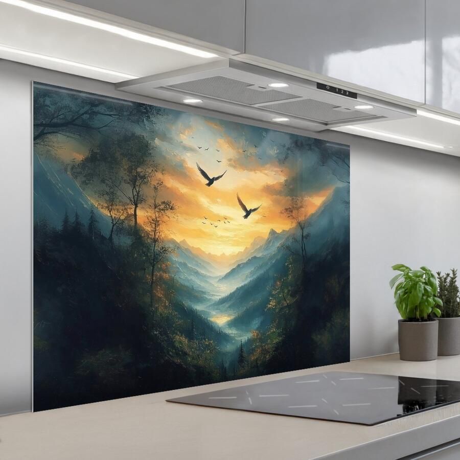 KitchenYeah Spatscherm 100x75 cm Zelfklevende achterwand Vogels Zon Bomen Groen Keuken muurbeschermer Spatwand fornuis
