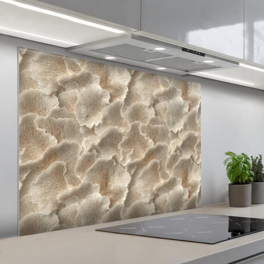 KitchenYeah Spatscherm 100x75 cm Zelfklevende achterwand Waaierstructuren Beige Vezeltextuur Keuken muurbeschermer Spatwand fornuis