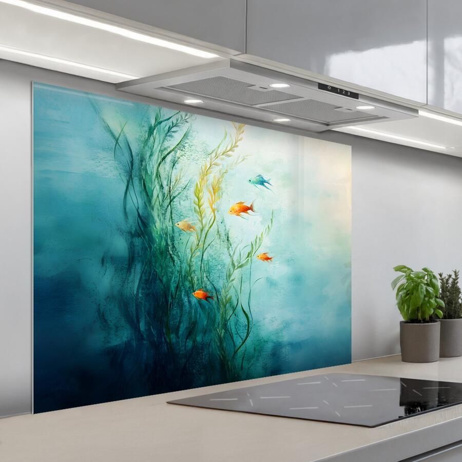 KitchenYeah Spatscherm 100x75 cm Zelfklevende achterwand Waterplanten Vissen Kleurrijk Water Keuken muurbeschermer Spatwand fornuis