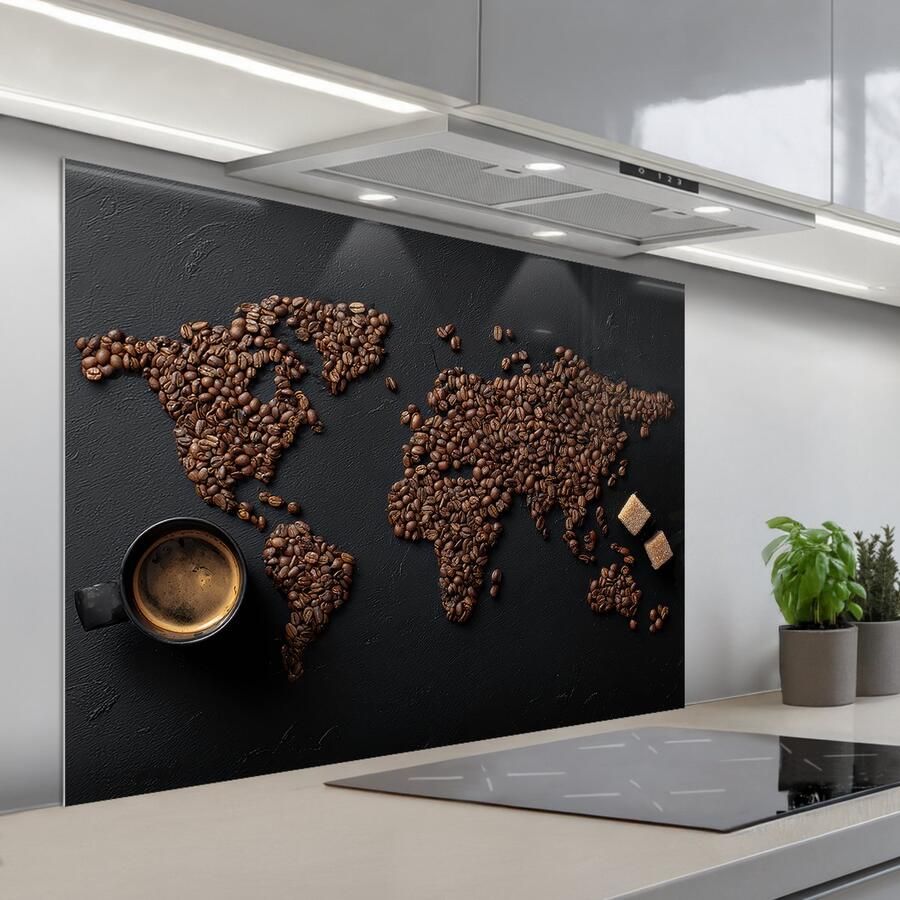 KitchenYeah Spatscherm 100x75 cm Zelfklevende achterwand Wereldkaart Espresso Zwart Keuken muurbeschermer Spatwand fornuis