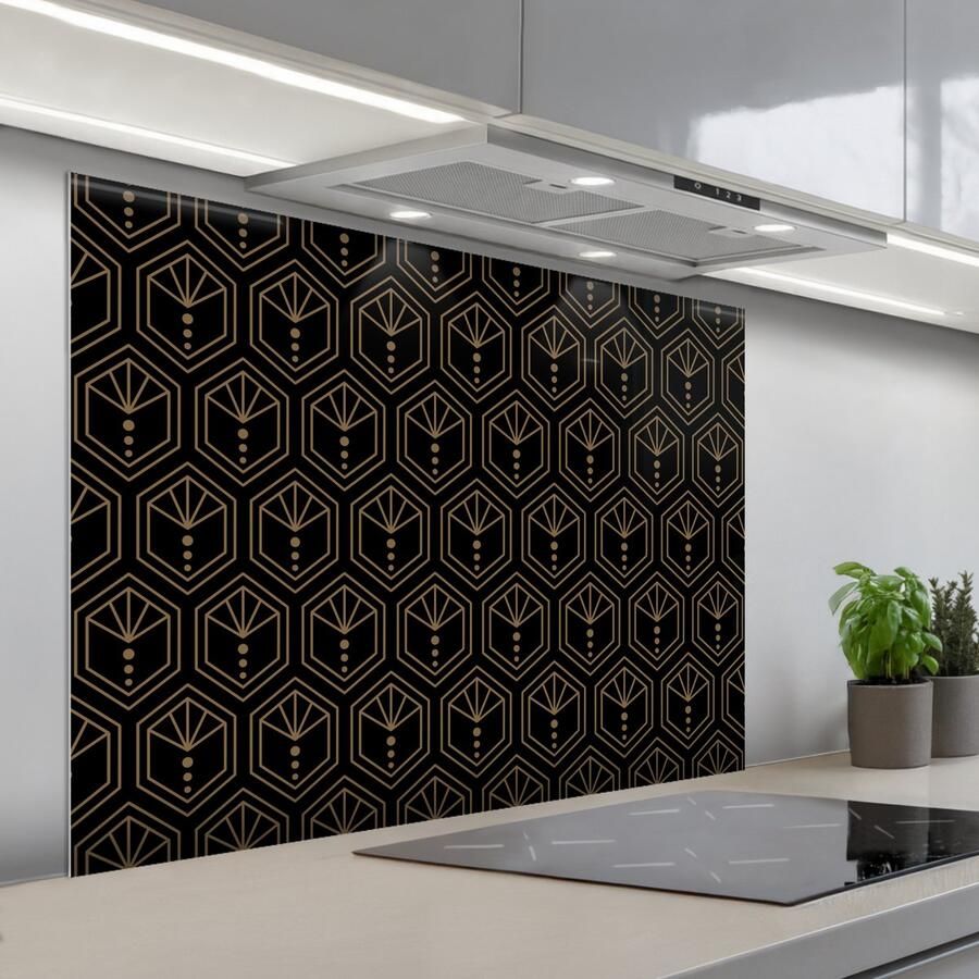 KitchenYeah Spatscherm 100x75 cm Zelfklevende achterwand Zonnestraal Zwart Goud Stippen Keuken muurbeschermer Spatwand fornuis
