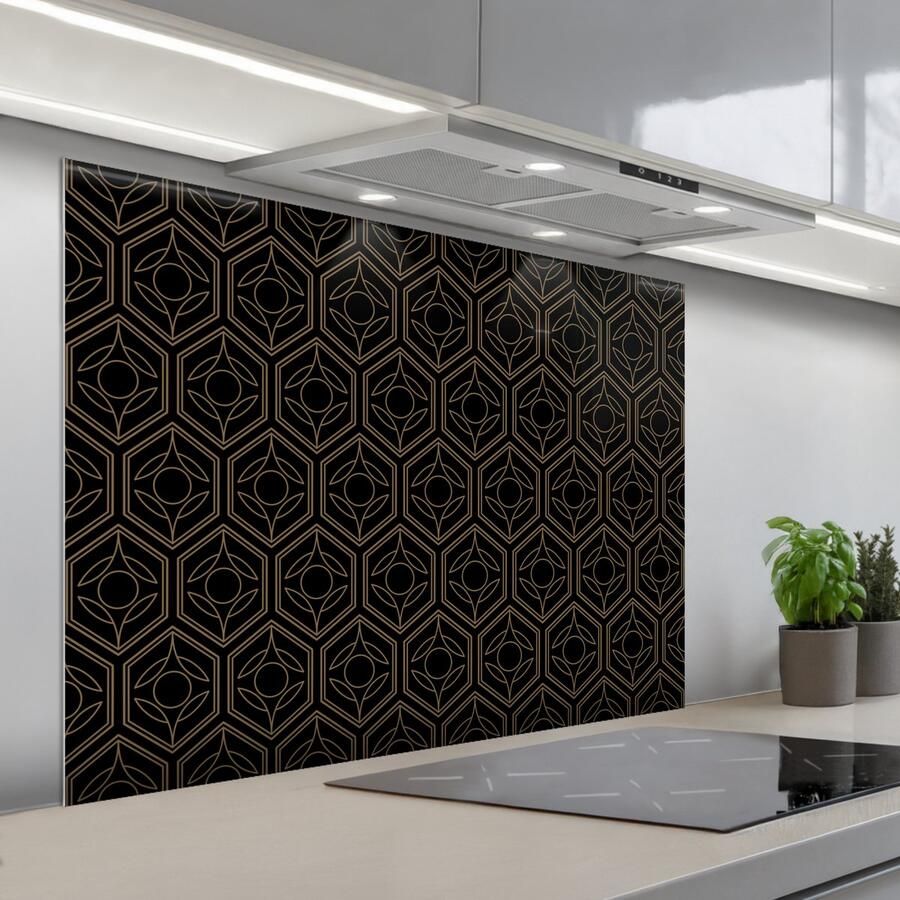 KitchenYeah Spatscherm 100x75 cm Zelfklevende achterwand Zwart Goud Bloemenkern Keuken muurbeschermer Spatwand fornuis