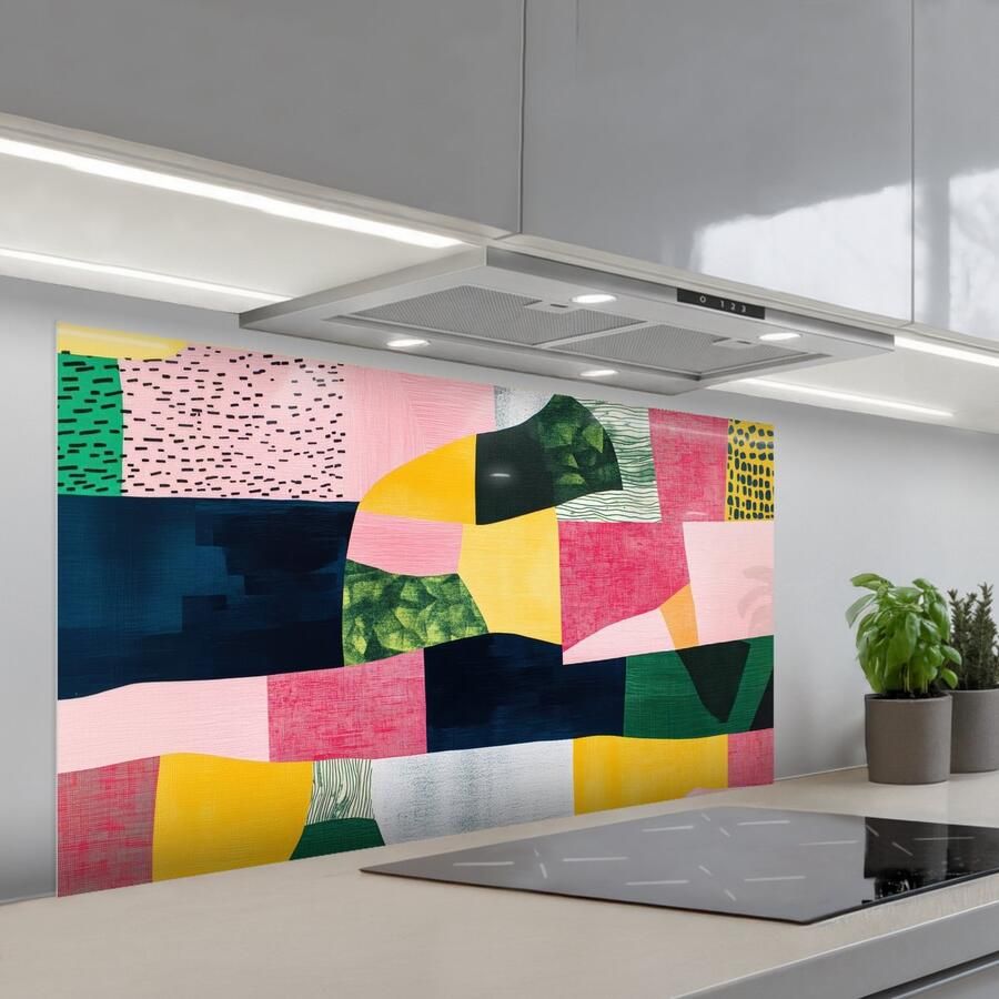 KitchenYeah Spatscherm 120x60 cm Zelfklevende achterwand Abstract Roze Lappen Vormen Geel Keuken muurbeschermer Spatwand fornuis - Foto 1