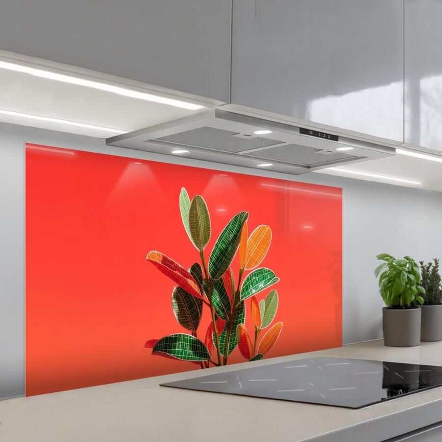 KitchenYeah Spatscherm 120x60 cm Zelfklevende achterwand Bladeren Nerven Oranje Structuur Keuken muurbeschermer Spatwand fornuis