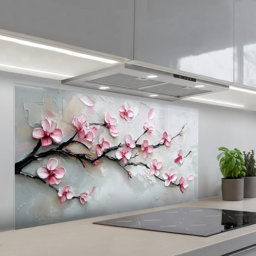 KitchenYeah Spatscherm 120x60 cm Zelfklevende achterwand Bloesem Kunstzinnig Roze Sakura Keuken muurbeschermer Spatwand fornuis - Foto 1