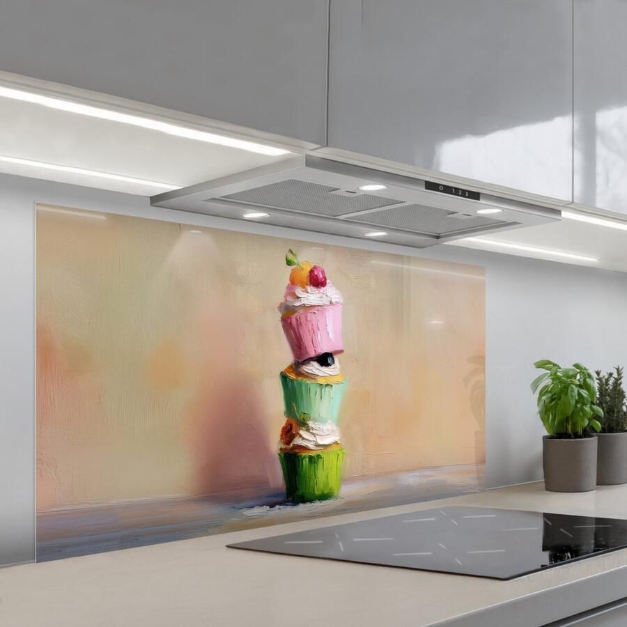 KitchenYeah Spatscherm 120x60 cm Zelfklevende achterwand Cupcakes Gestapeld Kleurrijk Fruit Keuken muurbeschermer Spatwand fornuis