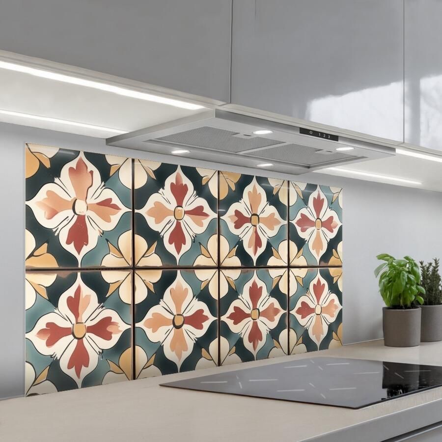 KitchenYeah Spatscherm 120x60 cm Zelfklevende achterwand Decoratie Tegels Spaans Vintage Keuken muurbeschermer Spatwand fornuis