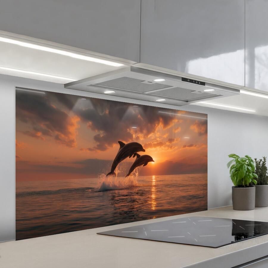 KitchenYeah Spatscherm 120x60 cm Zelfklevende achterwand Dolfijnen Zee Realistisch Keuken muurbeschermer Spatwand fornuis