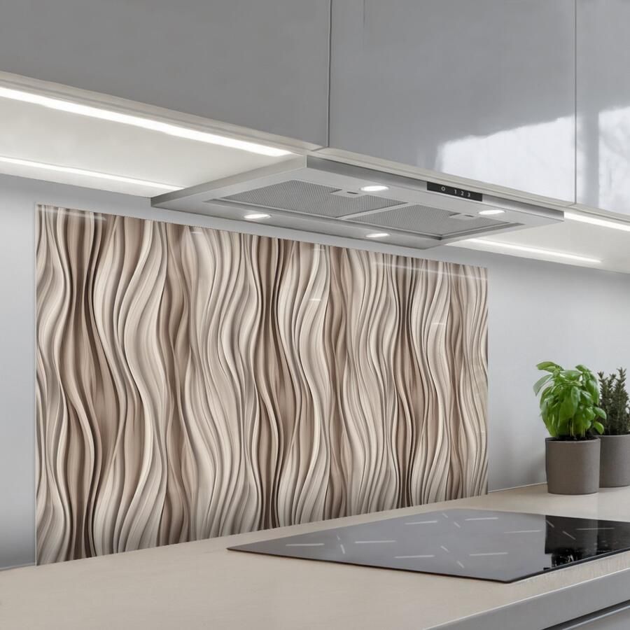 KitchenYeah Spatscherm 120x60 cm Zelfklevende achterwand Golven 3D Crème Keuken muurbeschermer Spatwand fornuis