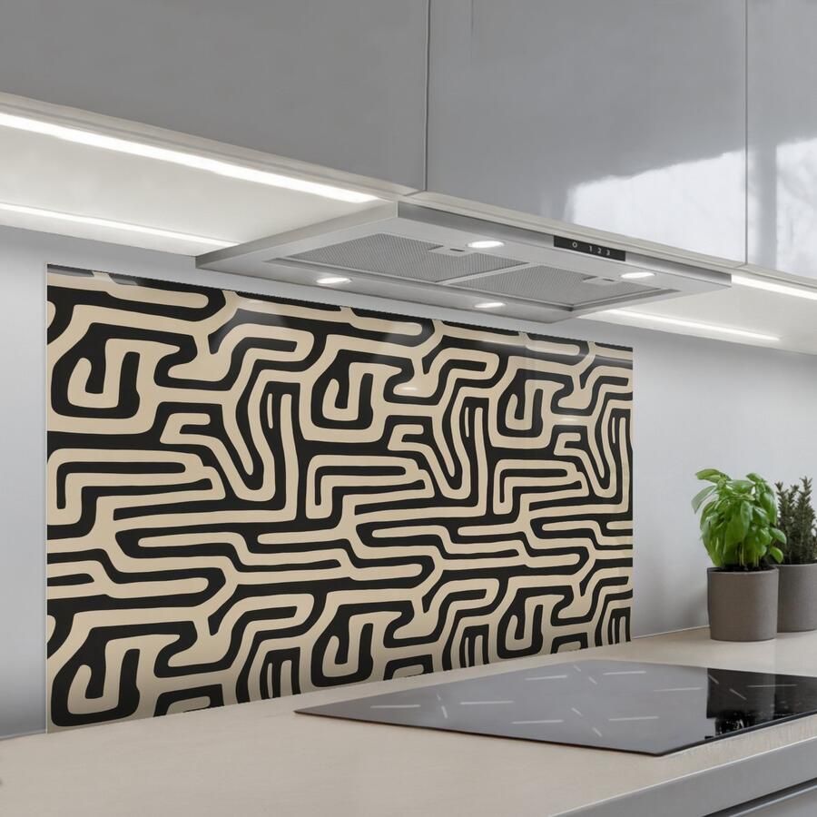 KitchenYeah Spatscherm 120x60 cm Zelfklevende achterwand Grafisch Lijnen Zwart Keuken muurbeschermer Spatwand fornuis