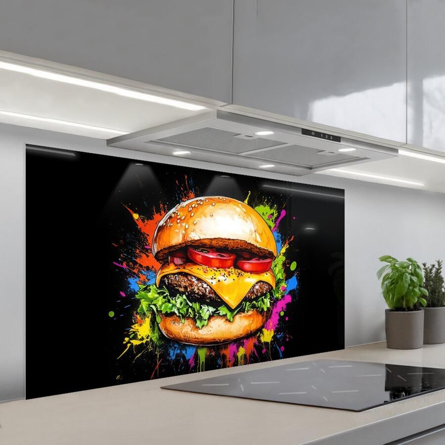 KitchenYeah Spatscherm 120x60 cm Zelfklevende achterwand Hamburger Graffiti Verf Kleurrijk Eten Abstract Keuken muurbeschermer Spatwand fornuis