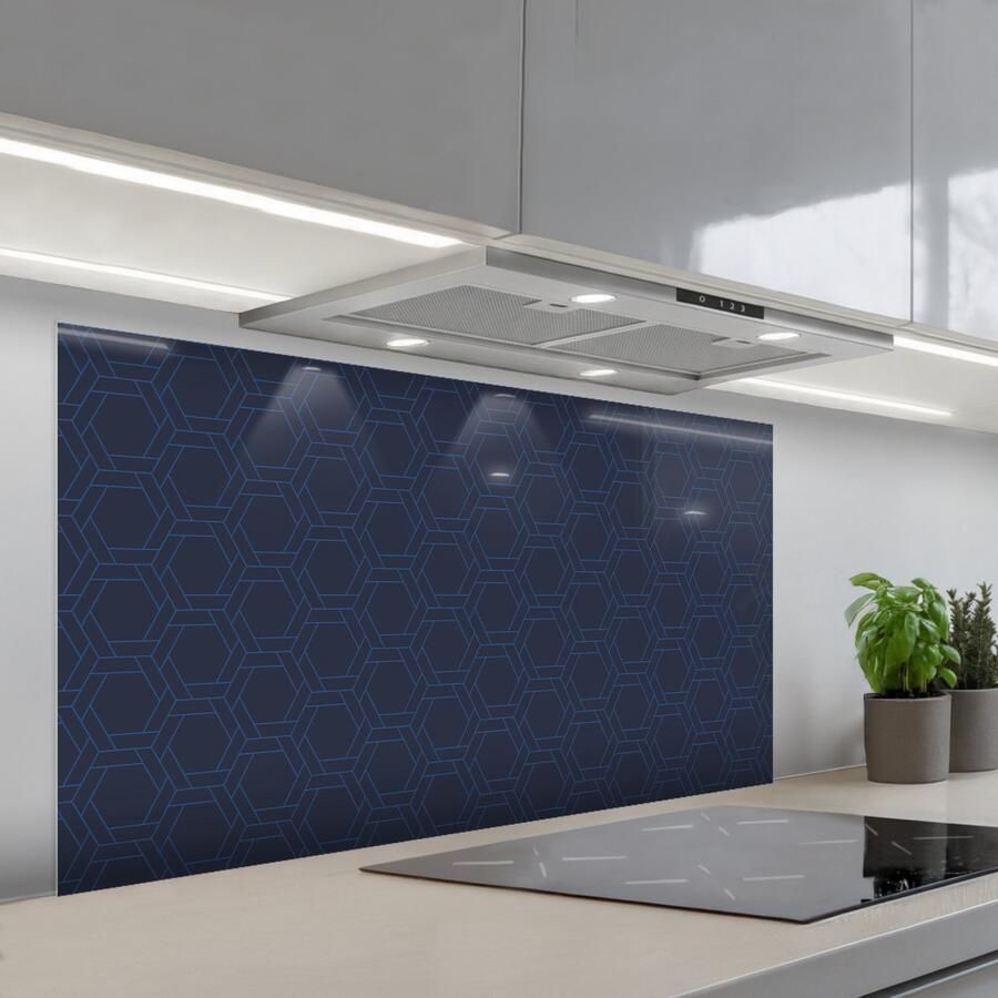 KitchenYeah Spatscherm 120x60 cm Zelfklevende achterwand Hexagon Patroon Blauw Keuken muurbeschermer Spatwand fornuis
