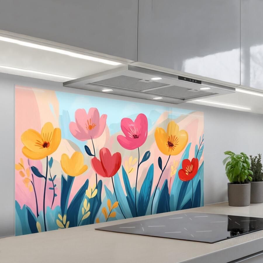 KitchenYeah Spatscherm 120x60 cm Zelfklevende achterwand Illustratie Bloemen Kleurrijk Keuken muurbeschermer Spatwand fornuis
