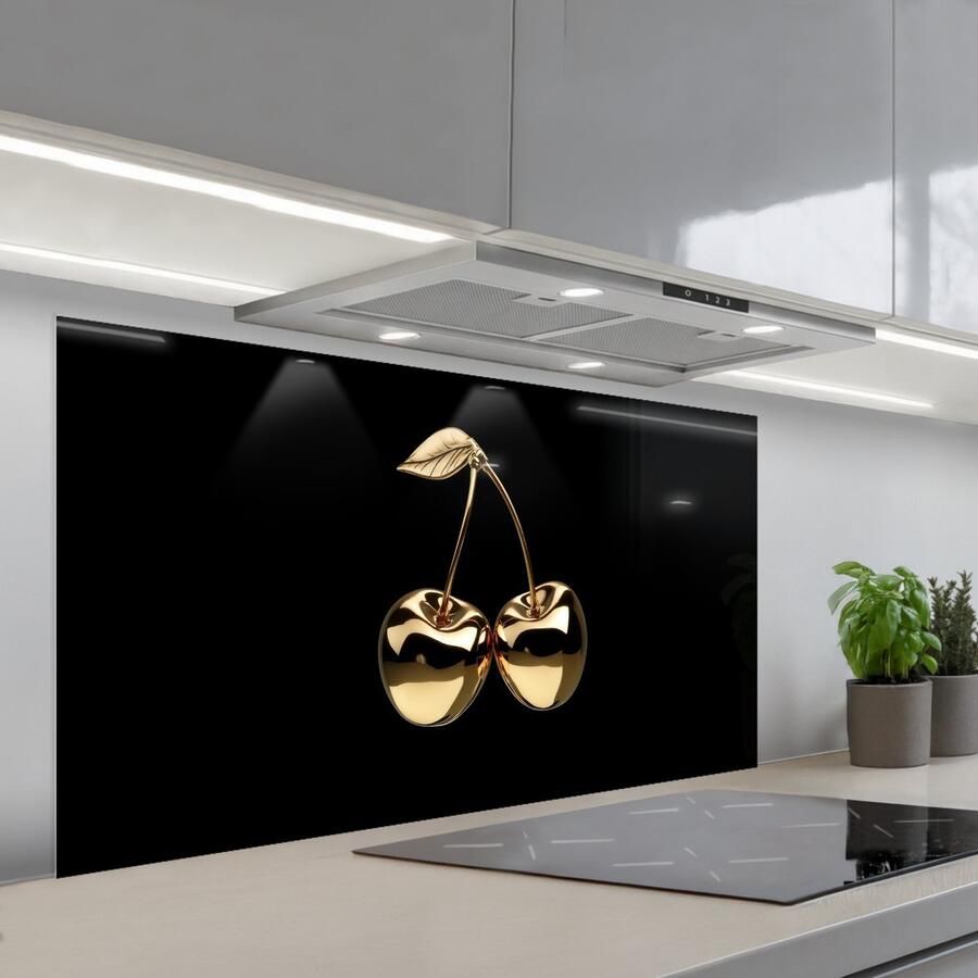 KitchenYeah Spatscherm 120x60 cm Zelfklevende achterwand Kersen Zwart Goud Chrome Keuken muurbeschermer Spatwand fornuis - Foto 1