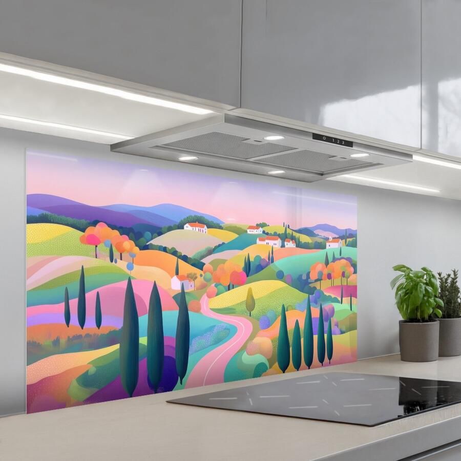 KitchenYeah Spatscherm 120x60 cm Zelfklevende achterwand Landschap Paars Pastel Huizen Keuken muurbeschermer Spatwand fornuis - Foto 1