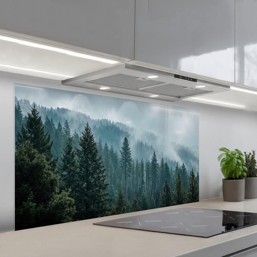 KitchenYeah Spatscherm 120x60 cm Zelfklevende achterwand Naaldwoud Bergen Mist Keuken muurbeschermer Spatwand fornuis