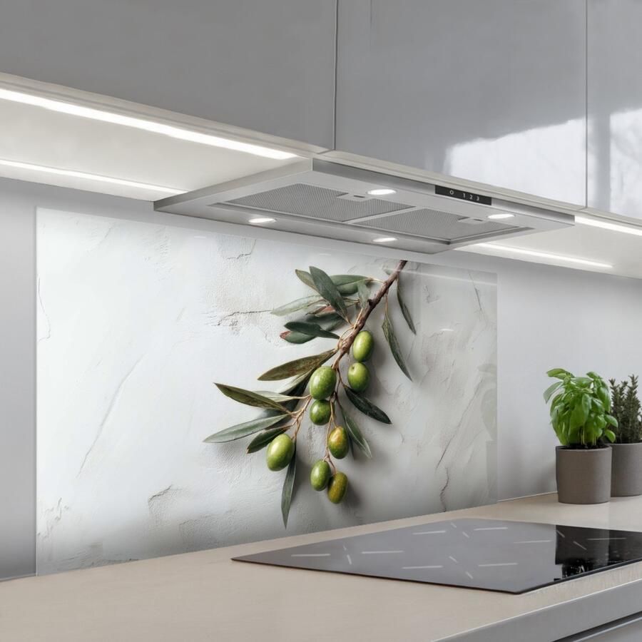 KitchenYeah Spatscherm 120x60 cm Zelfklevende achterwand Olijventak Beton print Mediterraan Keuken muurbeschermer Spatwand fornuis