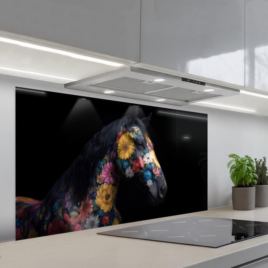 KitchenYeah Spatscherm 120x60 cm Zelfklevende achterwand Paard Bloemen Zwart Keuken muurbeschermer Spatwand fornuis