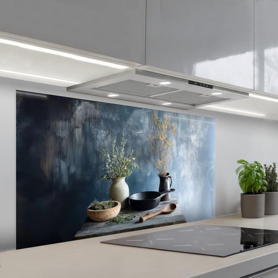KitchenYeah Spatscherm 120x60 cm Zelfklevende achterwand Pan Kruiden Schilderachtig Keuken muurbeschermer Spatwand fornuis