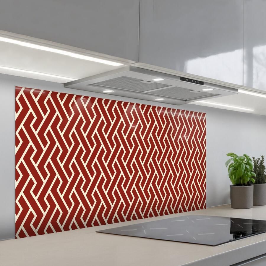 KitchenYeah Spatscherm 120x60 cm Zelfklevende achterwand Rood Beige Patroon Lijnen Keuken muurbeschermer Spatwand fornuis