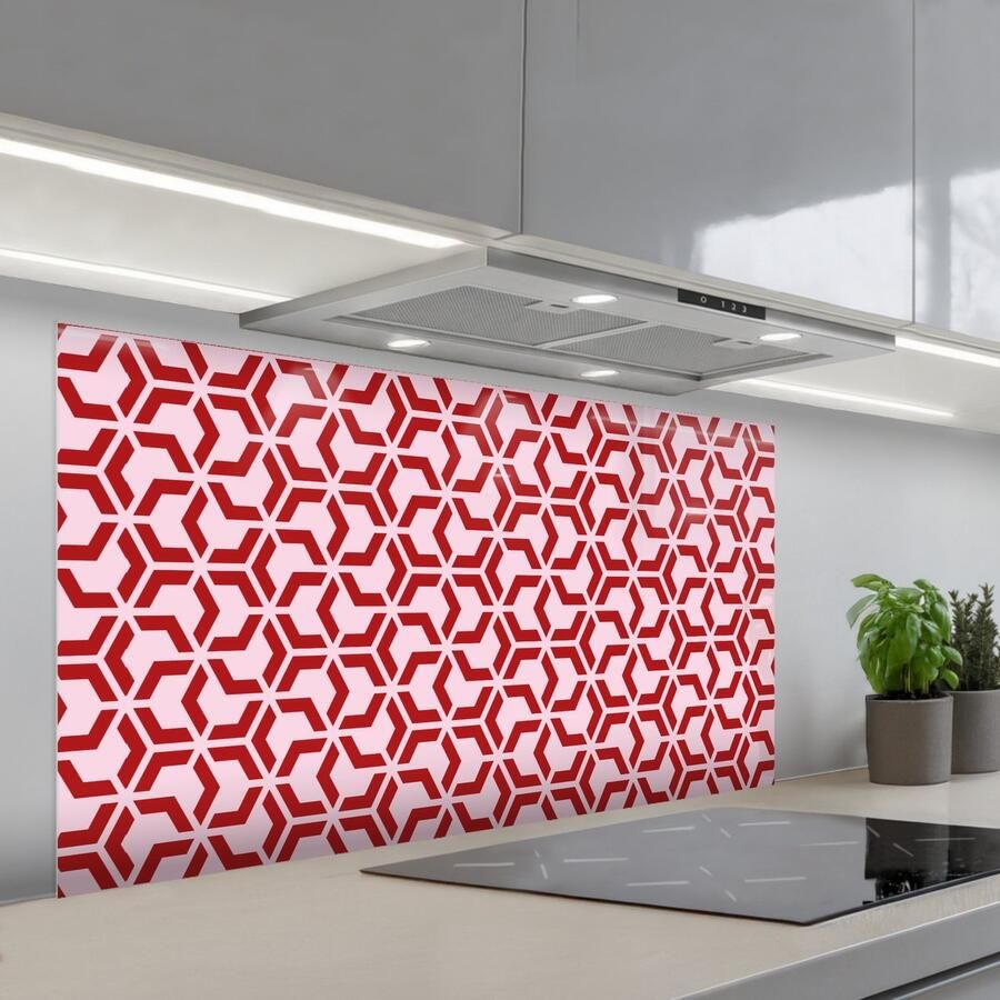 KitchenYeah Spatscherm 120x60 cm Zelfklevende achterwand Roze Rood Geometrisch Patroon Keuken muurbeschermer Spatwand fornuis