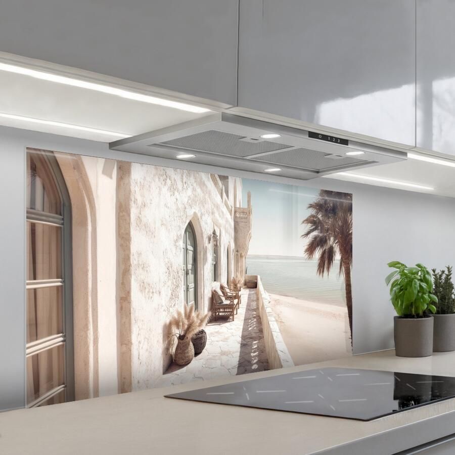 KitchenYeah Spatscherm 120x60 cm Zelfklevende achterwand Terras Stoelen Strand Beige Keuken muurbeschermer Spatwand fornuis