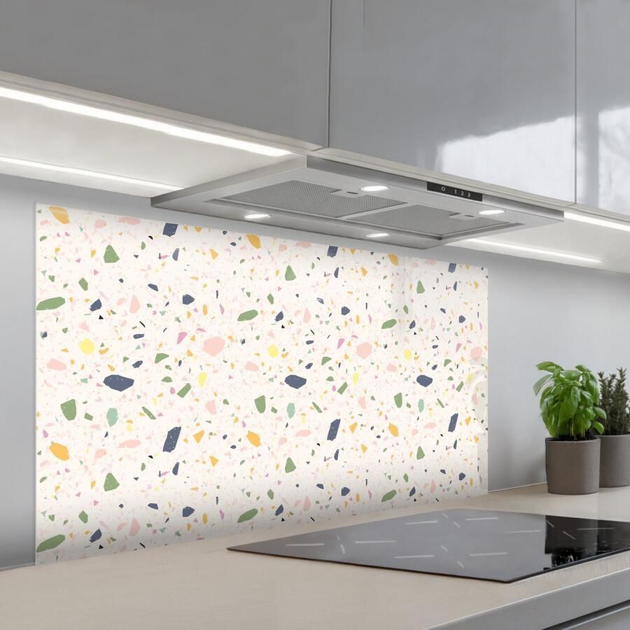KitchenYeah Spatscherm 120x60 cm Zelfklevende achterwand Terrazzo Patroon Kleurrijk Festival Keuken muurbeschermer Spatwand fornuis