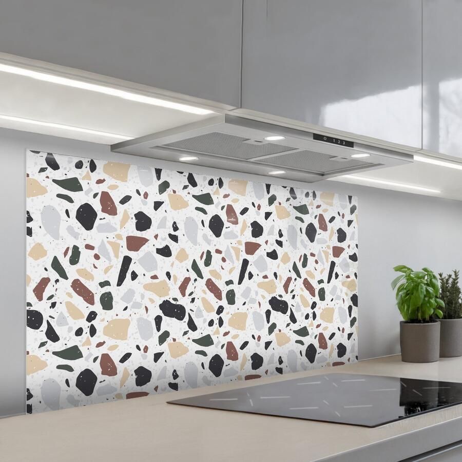 KitchenYeah Spatscherm 120x60 cm Zelfklevende achterwand Terrazzo Patroon Kleurrijk Klei Keuken muurbeschermer Spatwand fornuis