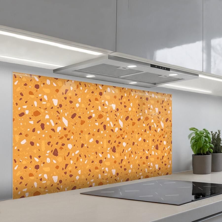 KitchenYeah Spatscherm 120x60 cm Zelfklevende achterwand Terrazzo Patroon Okergeel Keuken muurbeschermer Spatwand fornuis
