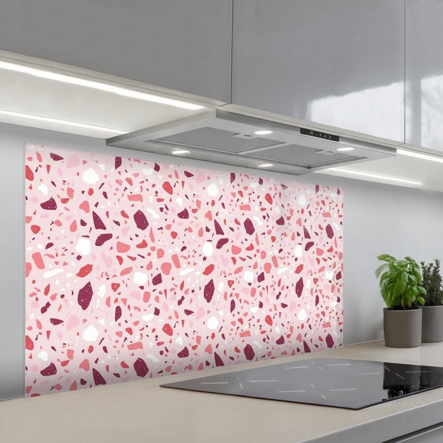 KitchenYeah Spatscherm 120x60 cm Zelfklevende achterwand Terrazzo Patroon Roze Keuken muurbeschermer Spatwand fornuis