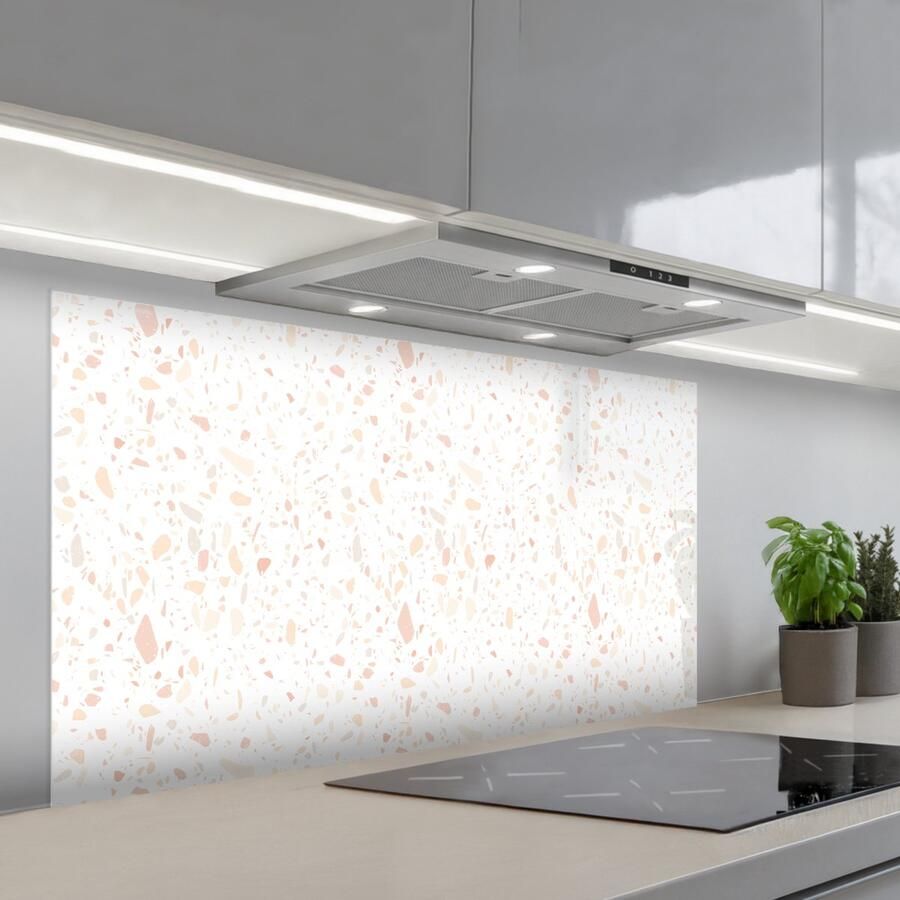 KitchenYeah Spatscherm 120x60 cm Zelfklevende achterwand Terrazzo Patroon Wit Perzik Keuken muurbeschermer Spatwand fornuis