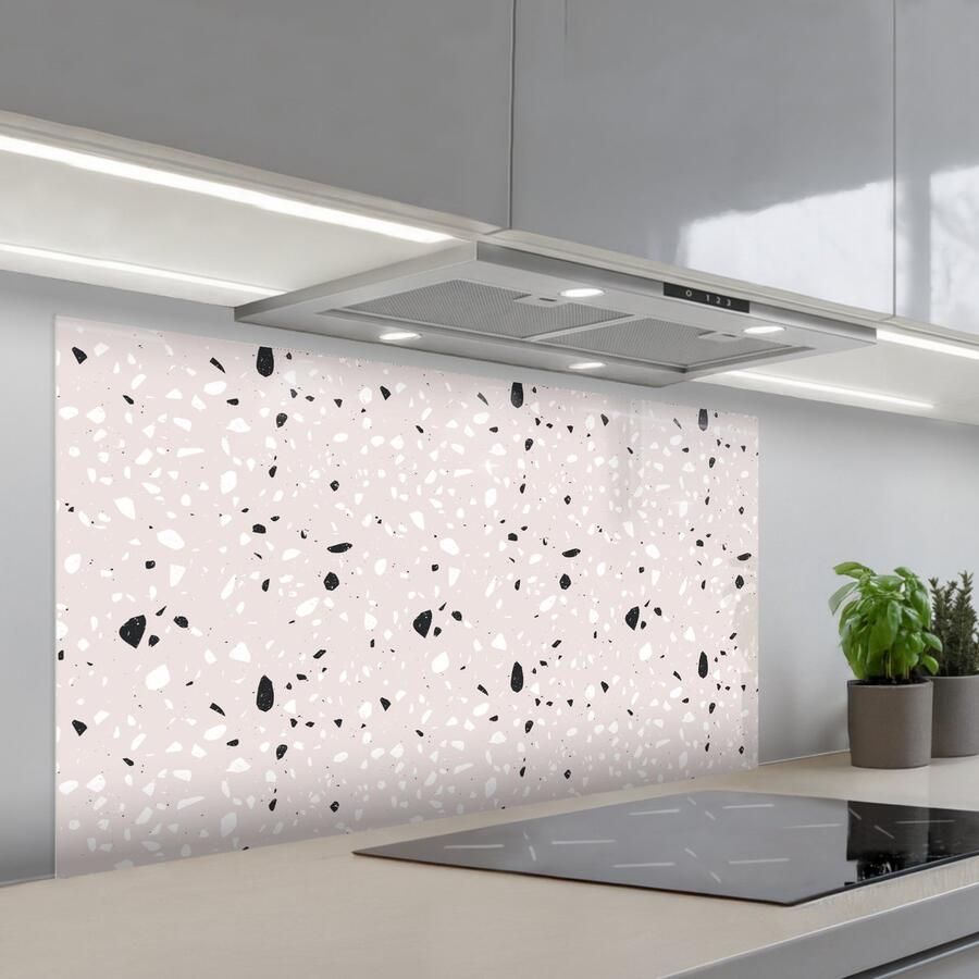 KitchenYeah Spatscherm 120x60 cm Zelfklevende achterwand Terrazzo Patroon Zacht Zwart Wit Keuken muurbeschermer Spatwand fornuis