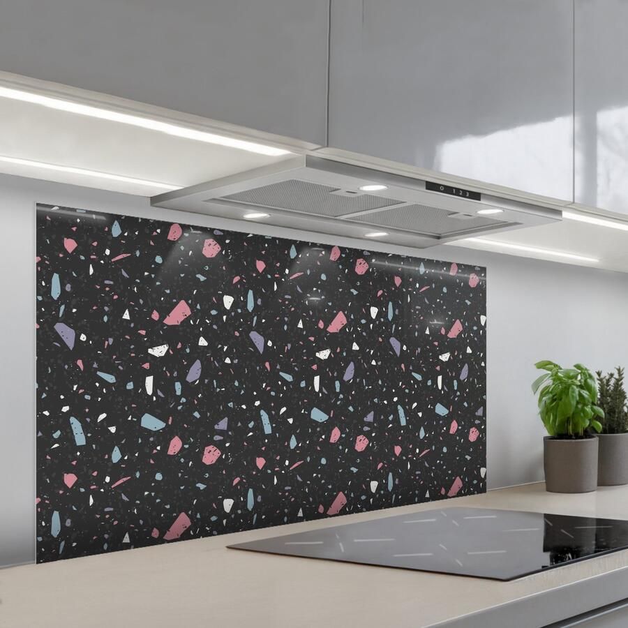 KitchenYeah Spatscherm 120x60 cm Zelfklevende achterwand Terrazzo Patroon Zwart Zacht Keuken muurbeschermer Spatwand fornuis