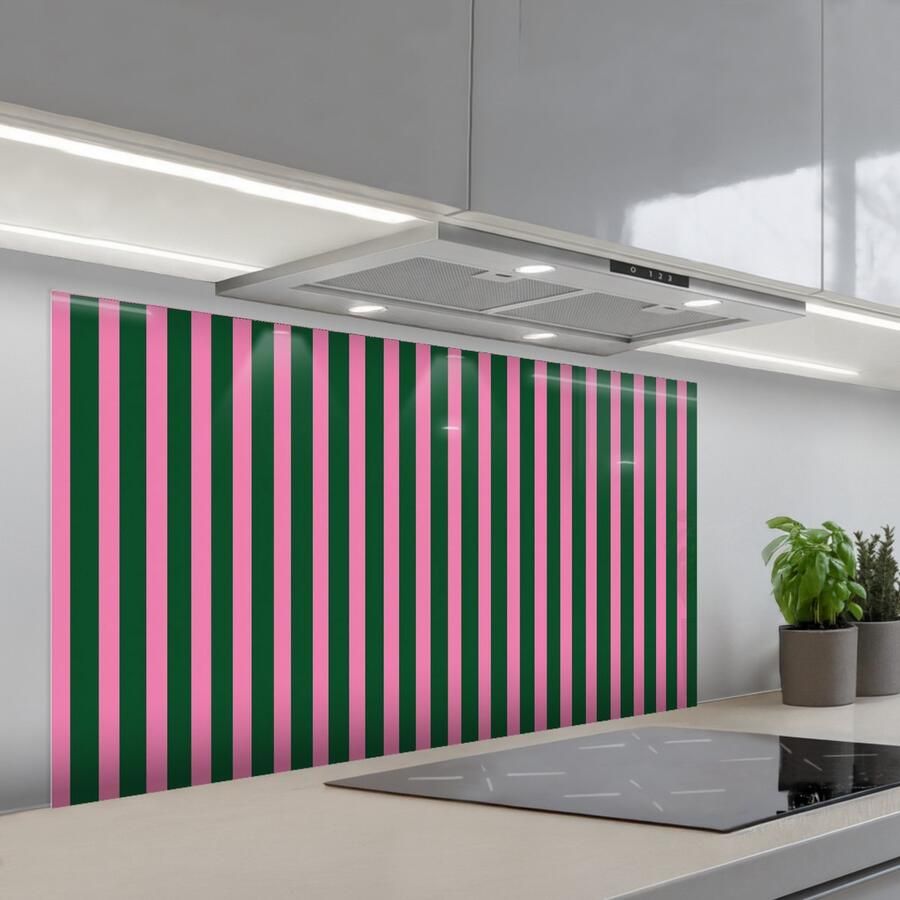 KitchenYeah Spatscherm 120x60 cm Zelfklevende achterwand Verticale strepen Groen Roze Keuken muurbeschermer Spatwand fornuis