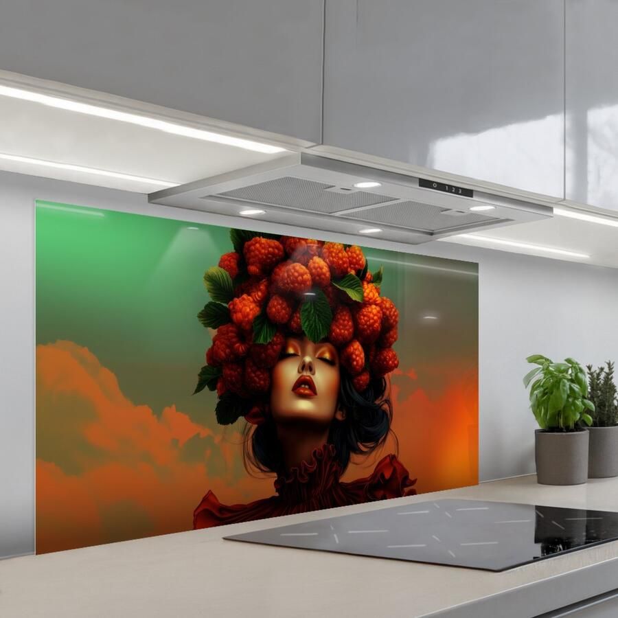 KitchenYeah Spatscherm 120x60 cm Zelfklevende achterwand Vrouw Frambozen Bladeren Keuken muurbeschermer Spatwand fornuis