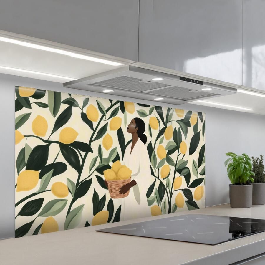 KitchenYeah Spatscherm 120x60 cm Zelfklevende achterwand Vrouw Mand Citroenen Bladeren Keuken muurbeschermer Spatwand fornuis - Foto 1