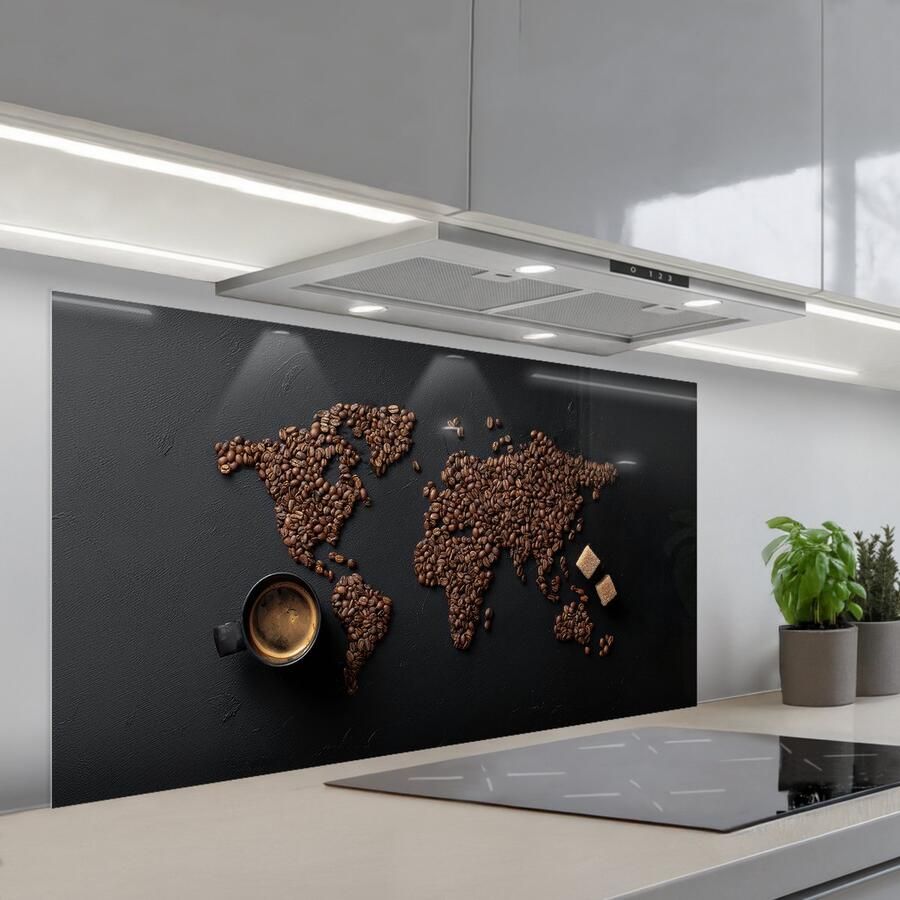 KitchenYeah Spatscherm 120x60 cm Zelfklevende achterwand Wereldkaart Espresso Zwart Keuken muurbeschermer Spatwand fornuis