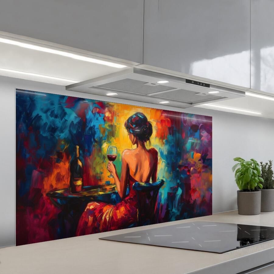 KitchenYeah Spatscherm 120x60 cm Zelfklevende achterwand Wijn Vrouw Sfeervol Kleurrijk Keuken muurbeschermer Spatwand fornuis