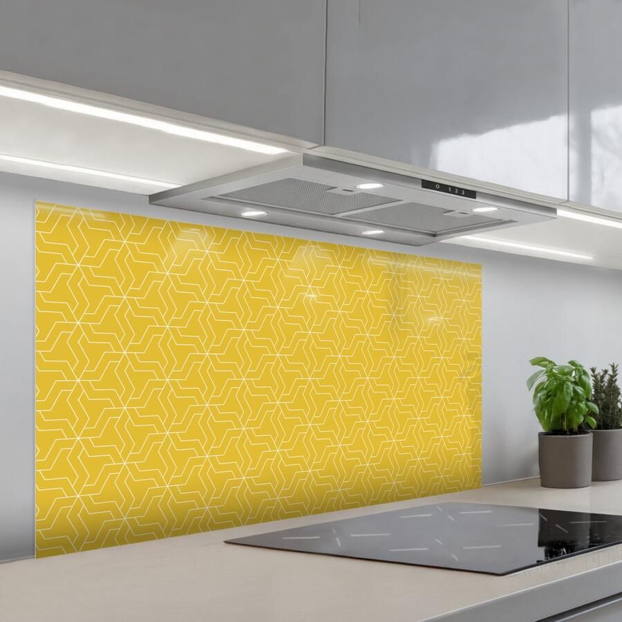 KitchenYeah Spatscherm 120x60 cm Zelfklevende achterwand Wit Geel Patroon Geometrisch Keuken muurbeschermer Spatwand fornuis
