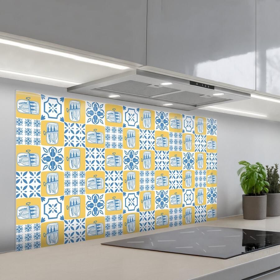 KitchenYeah Spatscherm 120x60 cm Zelfklevende achterwand Zee Geel Blauw Wit Keuken muurbeschermer Spatwand fornuis