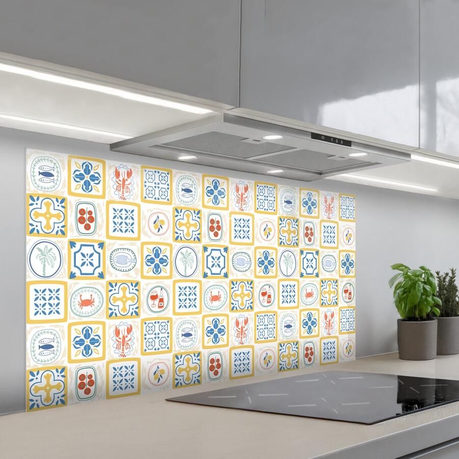 KitchenYeah Spatscherm 120x60 cm Zelfklevende achterwand Zee Sfeer Mozaïek Vis Keuken muurbeschermer Spatwand fornuis
