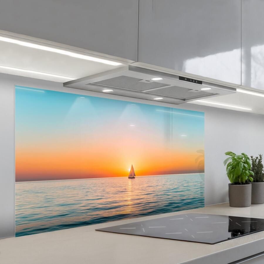 KitchenYeah Spatscherm 120x60 cm Zelfklevende achterwand Zee Zeilboot Zonsondergang Keuken muurbeschermer Spatwand fornuis - Foto 1