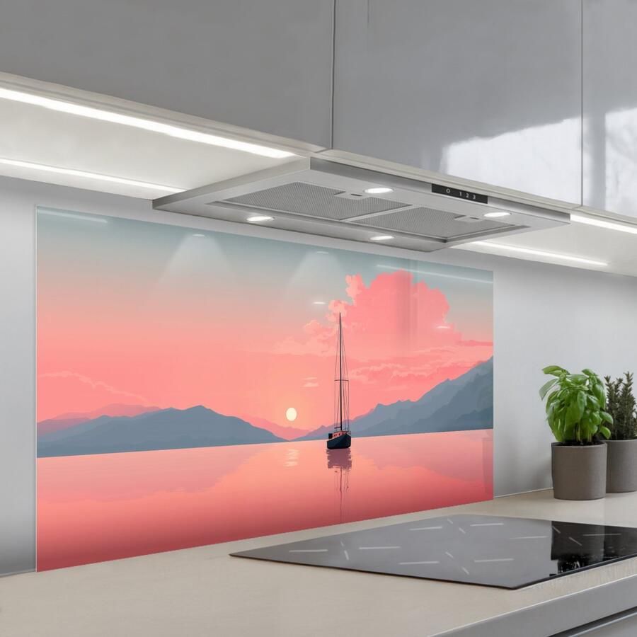 KitchenYeah Spatscherm 120x60 cm Zelfklevende achterwand Zeilboot Roze zee Zonsondergang Bergen Keuken muurbeschermer Spatwand fornuis