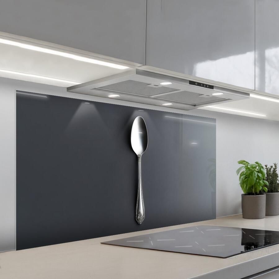 KitchenYeah Spatscherm 120x60 cm Zelfklevende achterwand Zilver Metaal Lepel Keuken muurbeschermer Spatwand fornuis