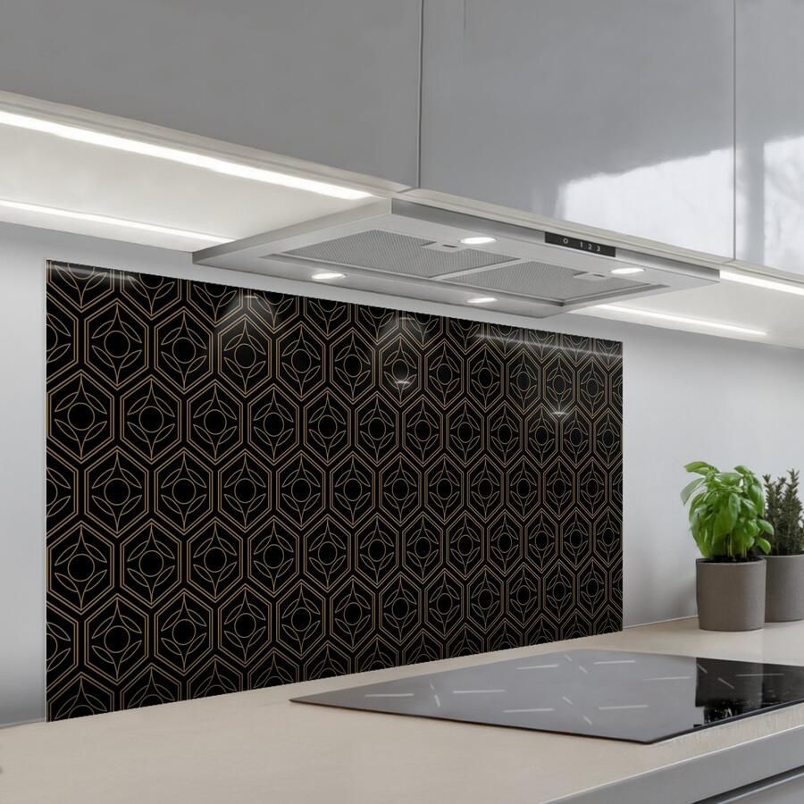 KitchenYeah Spatscherm 120x60 cm Zelfklevende achterwand Zwart Goud Bloemenkern Keuken muurbeschermer Spatwand fornuis