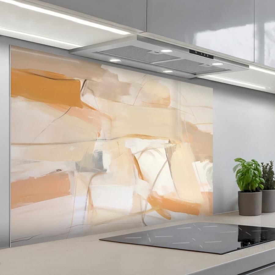 KitchenYeah Spatscherm 120x80 cm Zelfklevende achterwand Abstract Beige Oranje Kunst Modern Keuken muurbeschermer Spatwand fornuis
