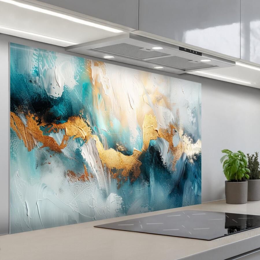 KitchenYeah Spatscherm 120x80 cm Zelfklevende achterwand Abstract Kunst Gold Blauw Keuken muurbeschermer Spatwand fornuis