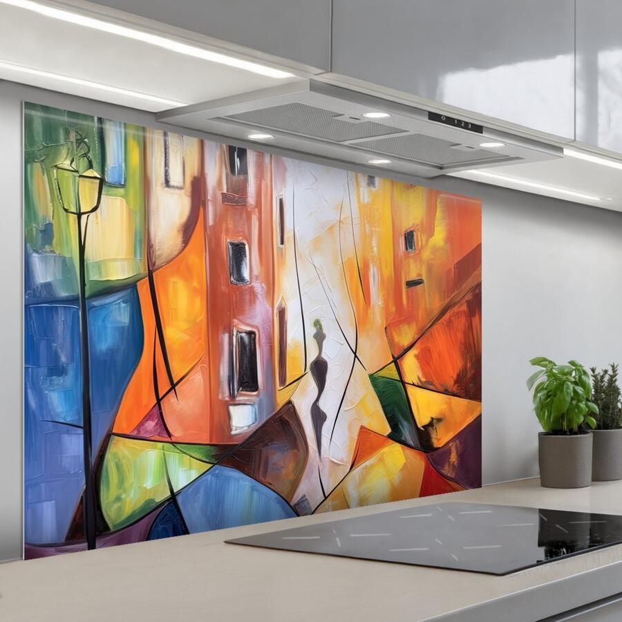 KitchenYeah Spatscherm 120x80 cm Zelfklevende achterwand Abstract Kunst Schilderij Kleuren Keuken muurbeschermer Spatwand fornuis
